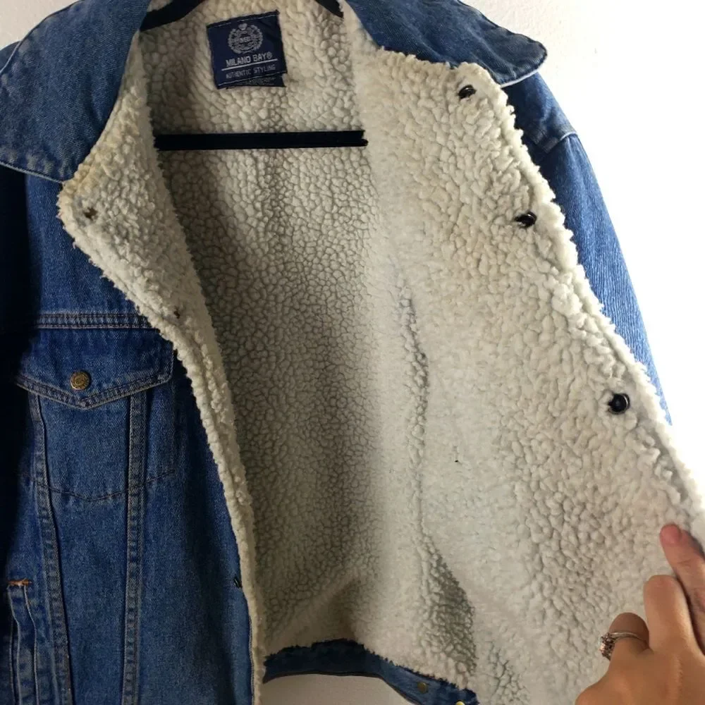 Men's Vintage Milano Bay Denim Sherpa Line Snap Button Jacket Size Large - Picture 12 of 13